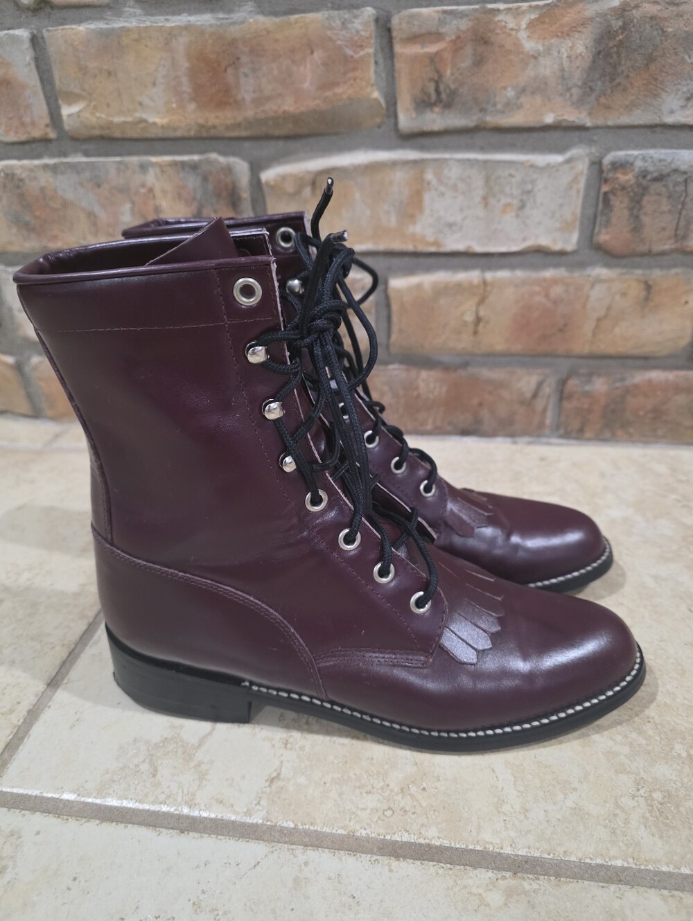 Justin Diamond J 510 Roper Kiltie Cowboy Granny Boots Burgendy Size 6.5